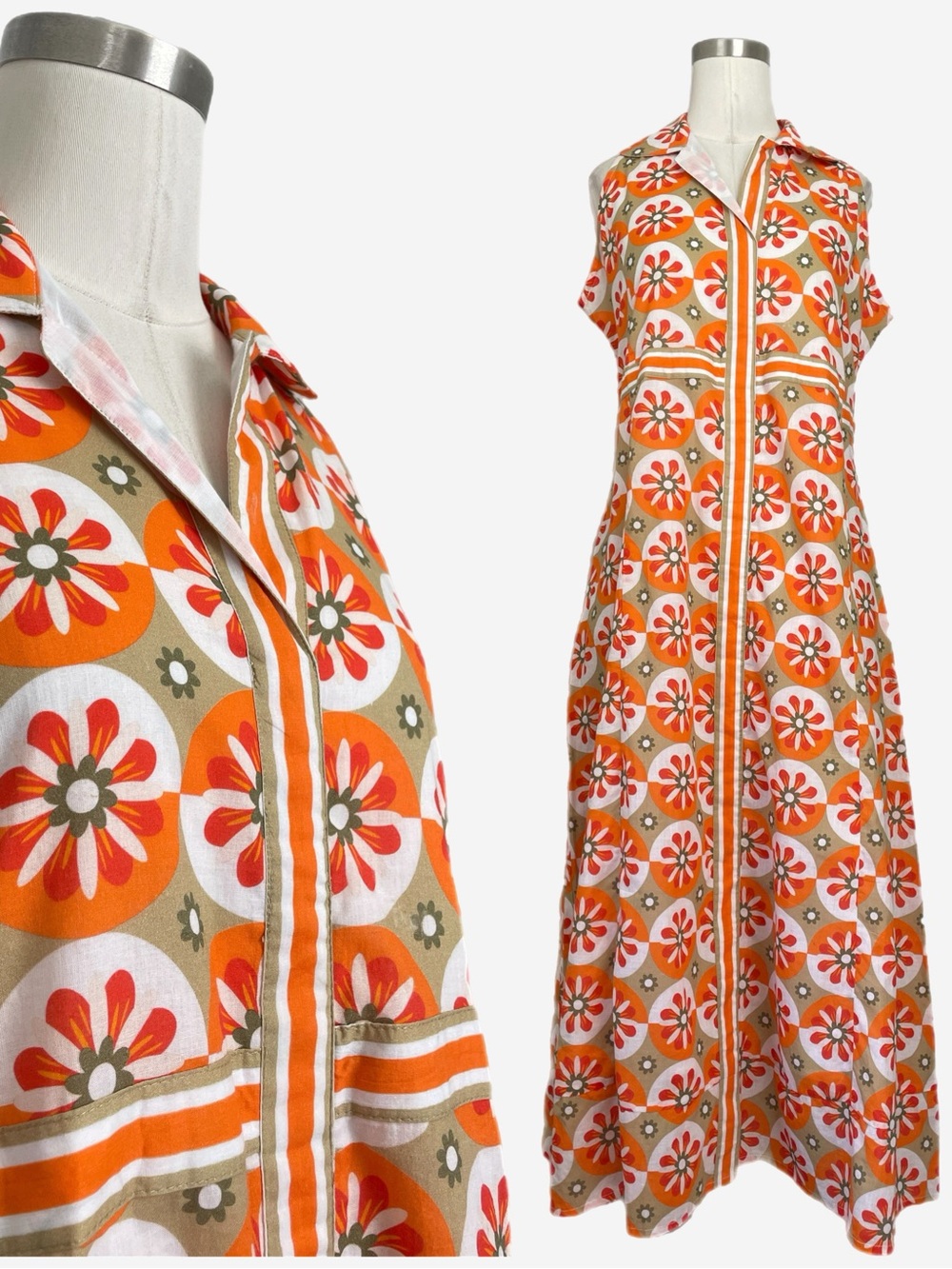 Isla Payal NWT Orange tan Windsor midi dress organic cotton retro mod floral S